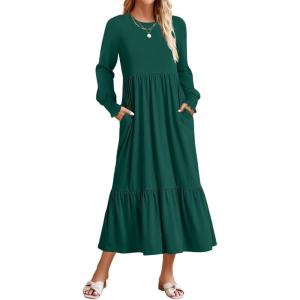 imageZESICA Womens 2025 Fall Long Sleeve Dress Crewneck Casual Loose Pleated Tiered Swing Midi Dresses with PocketsDarkgreen