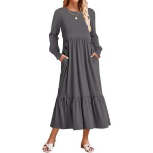 imageZESICA Womens 2025 Fall Long Sleeve Dress Crewneck Casual Loose Pleated Tiered Swing Midi Dresses with PocketsDarkgrey