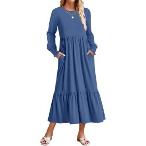 imageZESICA Womens 2025 Fall Long Sleeve Dress Crewneck Casual Loose Pleated Tiered Swing Midi Dresses with PocketsDustyblue