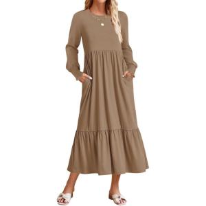 imageZESICA Womens 2025 Fall Long Sleeve Dress Crewneck Casual Loose Pleated Tiered Swing Midi Dresses with PocketsKhaki