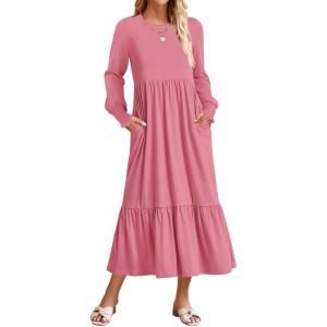 imageZESICA Womens 2025 Fall Long Sleeve Dress Crewneck Casual Loose Pleated Tiered Swing Midi Dresses with PocketsPink