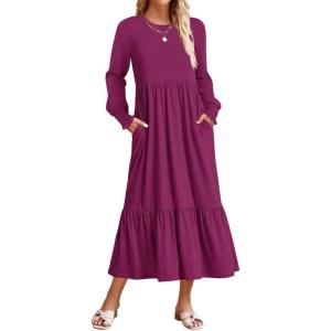 imageZESICA Womens 2025 Fall Long Sleeve Dress Crewneck Casual Loose Pleated Tiered Swing Midi Dresses with PocketsPlum