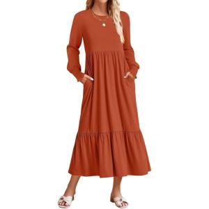 imageZESICA Womens 2025 Fall Long Sleeve Dress Crewneck Casual Loose Pleated Tiered Swing Midi Dresses with PocketsRust