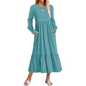 imageZESICA Womens 2025 Fall Long Sleeve Dress Crewneck Casual Loose Pleated Tiered Swing Midi Dresses with PocketsSage