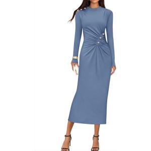 imageZESICA Womens 2025 Fall Long Sleeve Mock Neck Bodycon Midi Dress Ruched Knit Elegant Party Cocktail Formal DressesDustyblue