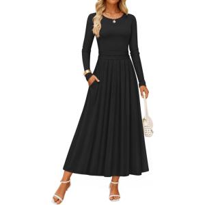 imageZESICA Womens Elegant Long Sleeve Maxi Dress 2025 Fall Crewneck Knit High Wasit Pleated Flowy A Line Casual Party DressesBlack