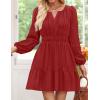 imageZESICA Fall Long Sleeve Mini Dresses for Women 2025 Lightweight V Neck High Waist A Line Flowy Swing Casual Party DressRed