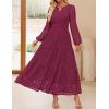 imageZESICA Womens 2025 Fall Long Sleeve Maxi Dress V Neck Hollow Out Eyelet A Line Long Flowy Casual Party DressesFuchsia