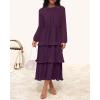 imageZESICA Womens 2025 Long Sleeve Crew Neck Ruffle Tiered Layered Chiffon Flowy Swing Long Midi DressDarkpurple