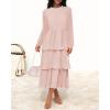imageZESICA Womens 2025 Long Sleeve Crew Neck Ruffle Tiered Layered Chiffon Flowy Swing Long Midi DressPink