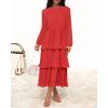 imageZESICA Womens 2025 Long Sleeve Crew Neck Ruffle Tiered Layered Chiffon Flowy Swing Long Midi DressWatermelon