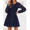 imageZESICA Womens Long Sleeve Mini Dress 2025 Fall Crewneck Tie Front Hollow Out Eyelet Babydoll A Line Short DressesNavy