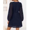imageZESICA Womens Long Sleeve Mini Dress 2025 Fall Crewneck Tie Front Hollow Out Eyelet Babydoll A Line Short DressesNavy