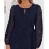 imageZESICA Womens Long Sleeve Mini Dress 2025 Fall Crewneck Tie Front Hollow Out Eyelet Babydoll A Line Short DressesNavy