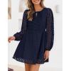 imageZESICA Womens Long Sleeve Mini Dress 2025 Fall Crewneck Tie Front Hollow Out Eyelet Babydoll A Line Short DressesNavy