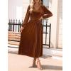 imageZESICA Womens Velvet Midi Dress 2025 Casual V Neck Long Sleeve Solid Color Elastic High Waist Flowy Evening Party DressesCaramel