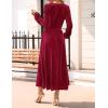 imageZESICA Womens Velvet Midi Dress 2025 Casual V Neck Long Sleeve Solid Color Elastic High Waist Flowy Evening Party DressesWine Red