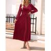 imageZESICA Womens Velvet Midi Dress 2025 Casual V Neck Long Sleeve Solid Color Elastic High Waist Flowy Evening Party DressesWine Red