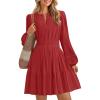 imageZESICA Fall Long Sleeve Mini Dresses for Women 2025 Lightweight V Neck High Waist A Line Flowy Swing Casual Party DressRed