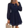 imageZESICA Womens Long Sleeve Mini Dress 2025 Fall Crewneck Tie Front Hollow Out Eyelet Babydoll A Line Short DressesNavy