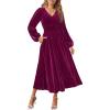 imageZESICA Womens Velvet Midi Dress 2025 Casual V Neck Long Sleeve Solid Color Elastic High Waist Flowy Evening Party DressesPlum