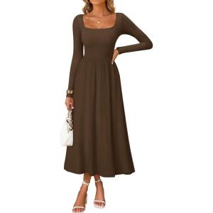 imageZESICA Fall Dresses for Women 2025 Elegant Classy Square Neck Long Sleeve Flowy Wedding Guest Party Midi DressBrown