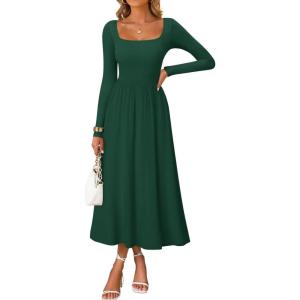 imageZESICA Fall Dresses for Women 2025 Elegant Classy Square Neck Long Sleeve Flowy Wedding Guest Party Midi DressDarkgreen
