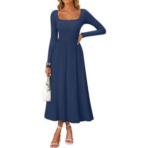 imageZESICA Fall Dresses for Women 2025 Elegant Classy Square Neck Long Sleeve Flowy Wedding Guest Party Midi DressNavy