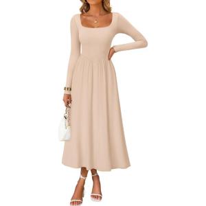 imageZESICA Fall Dresses for Women 2025 Elegant Classy Square Neck Long Sleeve Flowy Wedding Guest Party Midi DressSand