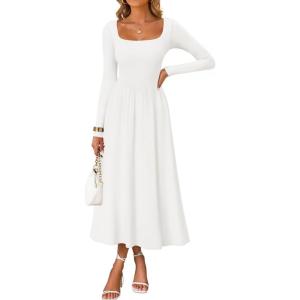 imageZESICA Fall Dresses for Women 2025 Elegant Classy Square Neck Long Sleeve Flowy Wedding Guest Party Midi DressWhite
