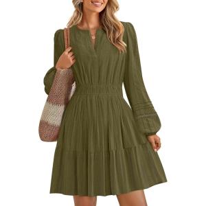 imageZESICA Fall Long Sleeve Mini Dresses for Women 2025 Lightweight V Neck High Waist A Line Flowy Swing Casual Party DressArmygreen