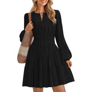imageZESICA Fall Long Sleeve Mini Dresses for Women 2025 Lightweight V Neck High Waist A Line Flowy Swing Casual Party DressBlack