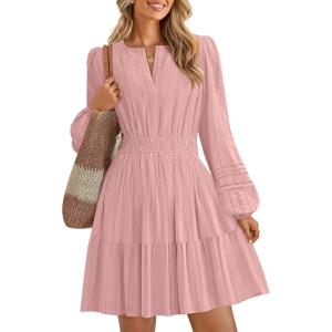 imageZESICA Fall Long Sleeve Mini Dresses for Women 2025 Lightweight V Neck High Waist A Line Flowy Swing Casual Party DressPink