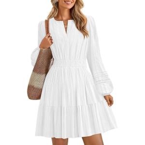 imageZESICA Fall Long Sleeve Mini Dresses for Women 2025 Lightweight V Neck High Waist A Line Flowy Swing Casual Party DressWhite