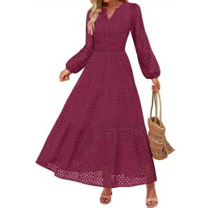 imageZESICA Womens 2025 Fall Long Sleeve Maxi Dress V Neck Hollow Out Eyelet A Line Long Flowy Casual Party DressesFuchsia