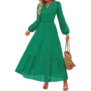 imageZESICA Womens 2025 Fall Long Sleeve Maxi Dress V Neck Hollow Out Eyelet A Line Long Flowy Casual Party DressesGreen