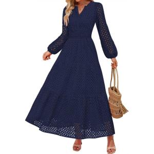 imageZESICA Womens 2025 Fall Long Sleeve Maxi Dress V Neck Hollow Out Eyelet A Line Long Flowy Casual Party DressesNavy