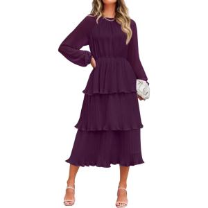 imageZESICA Womens 2025 Long Sleeve Crew Neck Ruffle Tiered Layered Chiffon Flowy Swing Long Midi DressDarkpurple