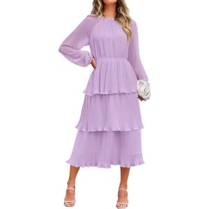 imageZESICA Womens 2025 Long Sleeve Crew Neck Ruffle Tiered Layered Chiffon Flowy Swing Long Midi DressPurple