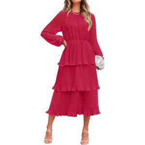 imageZESICA Womens 2025 Long Sleeve Crew Neck Ruffle Tiered Layered Chiffon Flowy Swing Long Midi DressRose