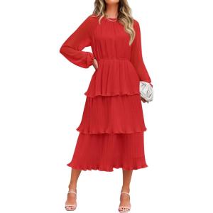 imageZESICA Womens 2025 Long Sleeve Crew Neck Ruffle Tiered Layered Chiffon Flowy Swing Long Midi DressWatermelon