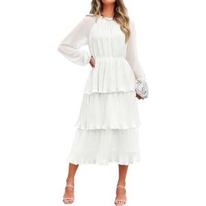 imageZESICA Womens 2025 Long Sleeve Crew Neck Ruffle Tiered Layered Chiffon Flowy Swing Long Midi DressWhite