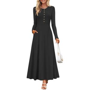 imageZESICA Womens Elegant Maxi Dresses 2025 Fall Long Sleeve Button Casual A Line Boho Flowy Dress with PocketsBlack