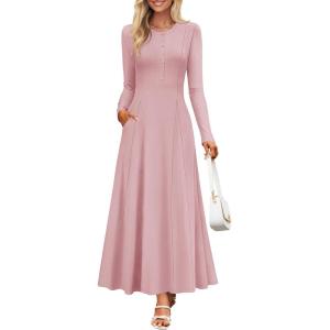 imageZESICA Womens Elegant Maxi Dresses 2025 Fall Long Sleeve Button Casual A Line Boho Flowy Dress with PocketsPink