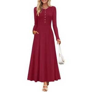 imageZESICA Womens Elegant Maxi Dresses 2025 Fall Long Sleeve Button Casual A Line Boho Flowy Dress with PocketsWine