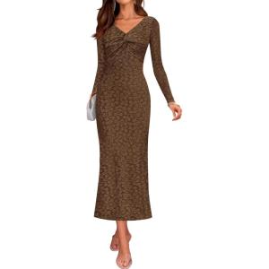 imageZESICA Womens Fall Floral Long Sleeve Bodycon Dress 2025 Elegant V Neck Cocktail Party Long Midi DressesBrown