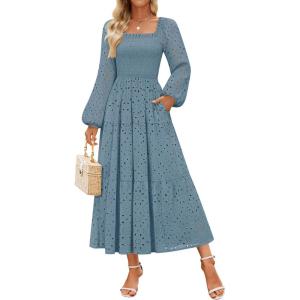 imageZESICA Womens Fall Long Sleeve Maxi Dresses 2025 Square Neck Hollow Out Eyelet Smocked A Line Boho Wedding Guset DressDustyblue