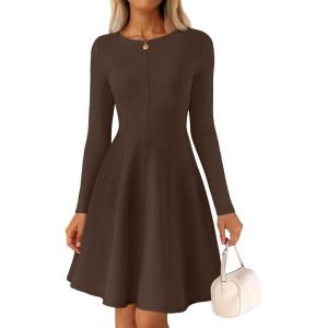 imageZESICA Womens Fall Long Sleeve Mini Dress 2025 Boat Neck Elegant Pleated A Line Flowy Wedding Guest Party Short DressesBrown