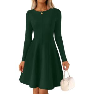 imageZESICA Womens Fall Long Sleeve Mini Dress 2025 Boat Neck Elegant Pleated A Line Flowy Wedding Guest Party Short DressesDarkgreen