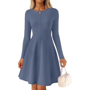 imageZESICA Womens Fall Long Sleeve Mini Dress 2025 Boat Neck Elegant Pleated A Line Flowy Wedding Guest Party Short DressesDustyblue